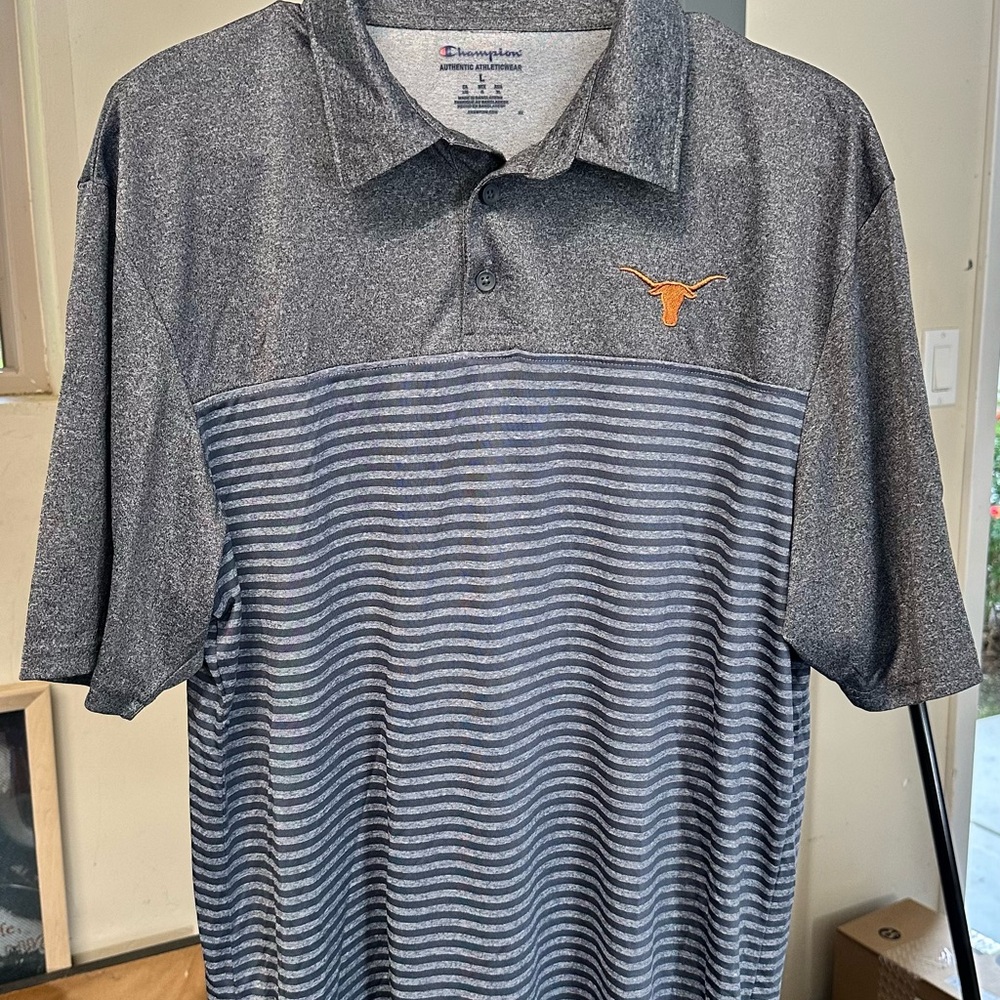 Champion Men's Striped Gray Polo with Orange Emblem